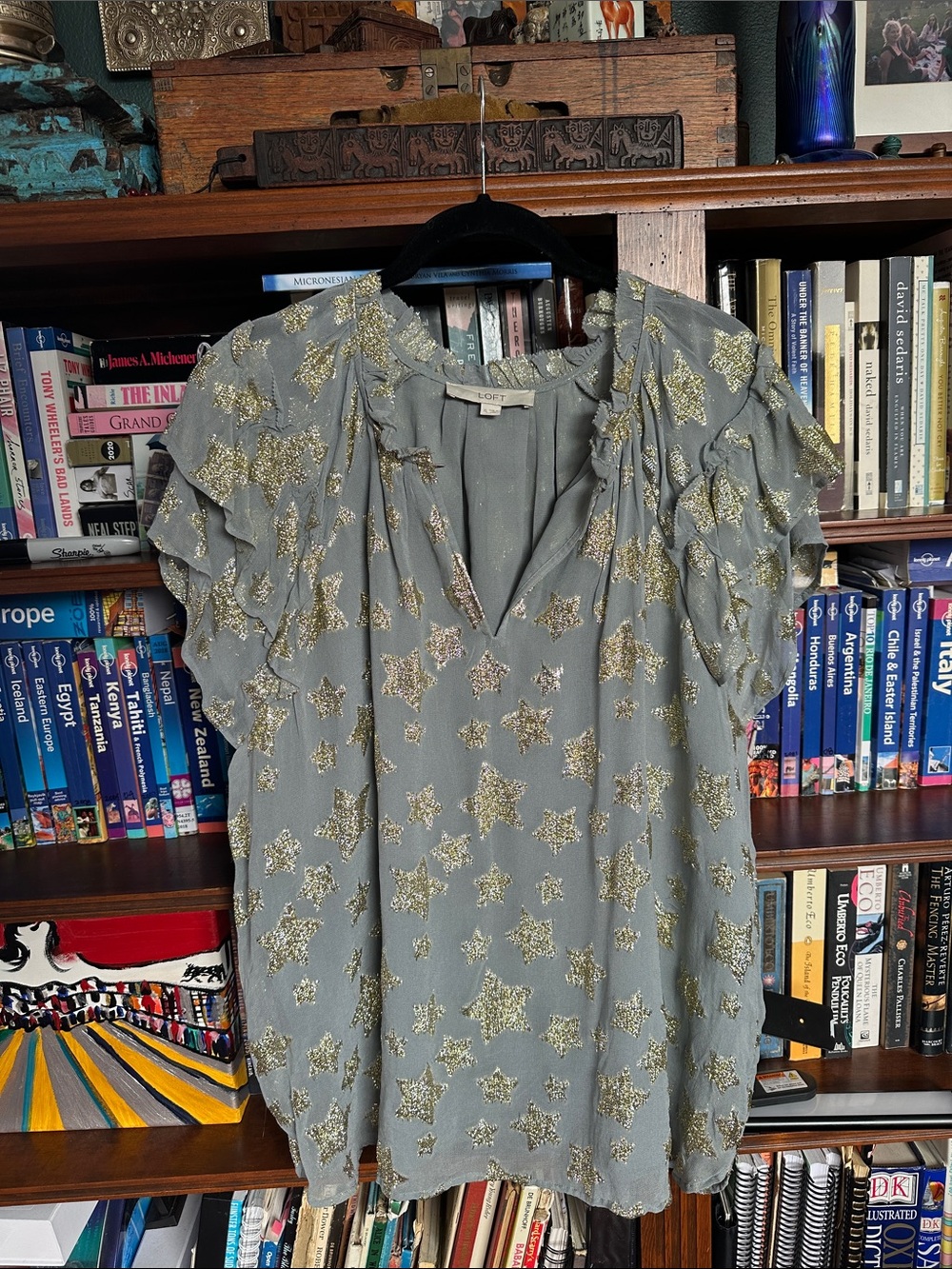 LOFT Sheer Dusty Blue Grey with Gold Stars Metallic Shimmer Flutter Sleeve Top